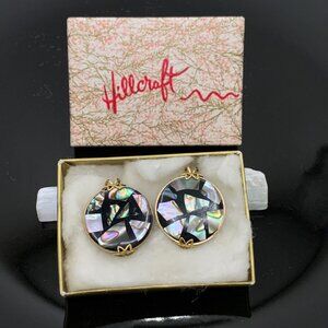 HILLCRAFT Vtg Slide-On Earrings Abalone and Black Plastic or Resin J775